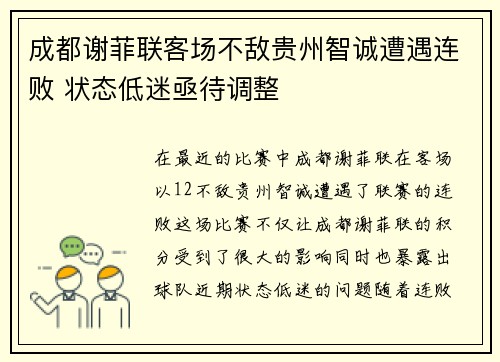 成都谢菲联客场不敌贵州智诚遭遇连败 状态低迷亟待调整