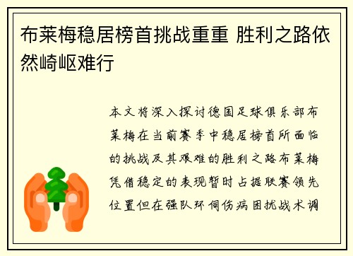 布莱梅稳居榜首挑战重重 胜利之路依然崎岖难行