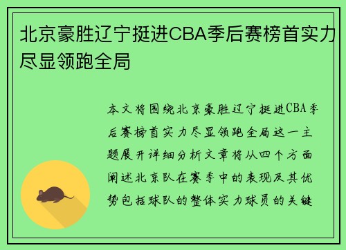 北京豪胜辽宁挺进CBA季后赛榜首实力尽显领跑全局