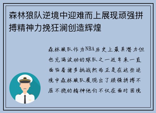 森林狼队逆境中迎难而上展现顽强拼搏精神力挽狂澜创造辉煌