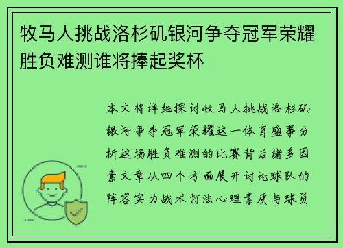 牧马人挑战洛杉矶银河争夺冠军荣耀胜负难测谁将捧起奖杯