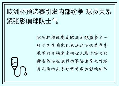欧洲杯预选赛引发内部纷争 球员关系紧张影响球队士气